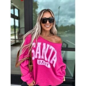 NWT Hot Pink “Santa Baby” Off-Shoulder Sweatshirt Gildan Unisex Holiday Pullover